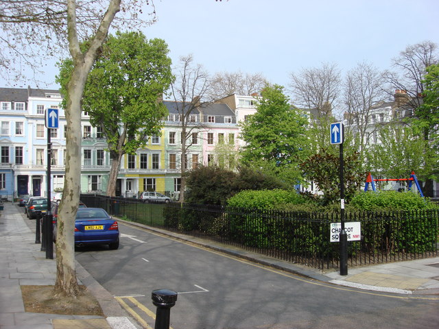 Pastel Georgian townhouses at Chalcot Square, Primrose Hill